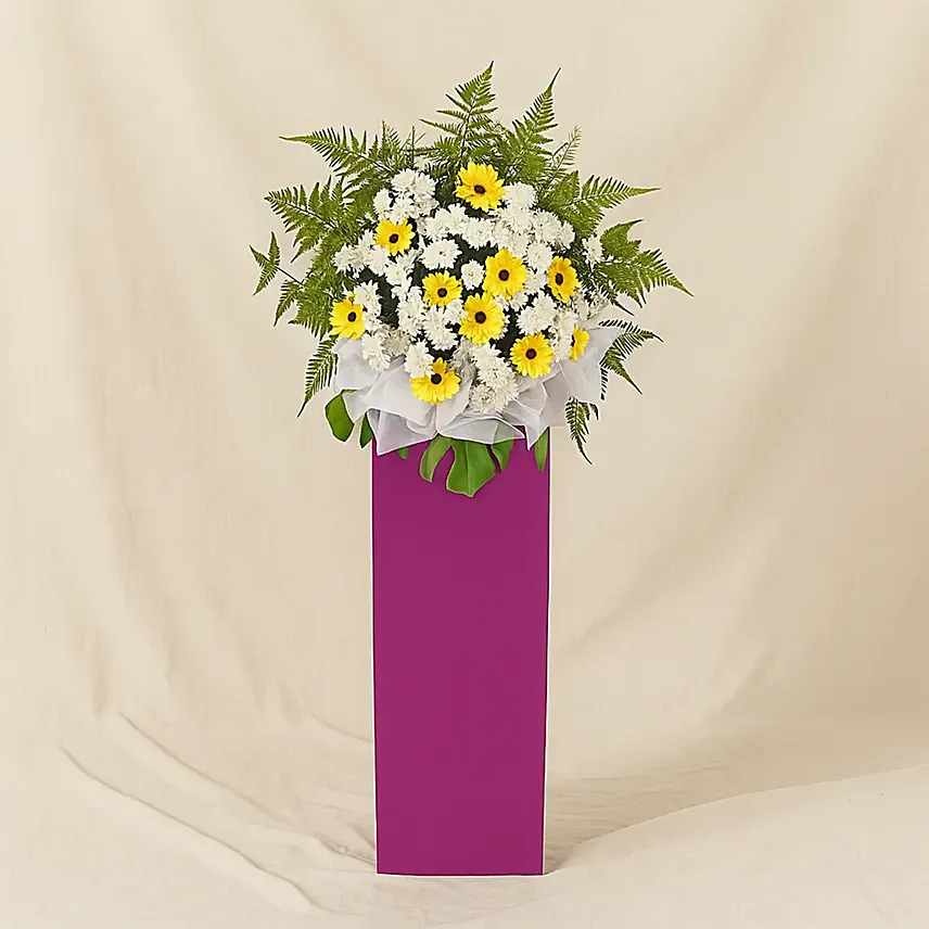 Yellow Gerberas White Pom In Beautiful Pink Stand: Grand Opening Flower Stand