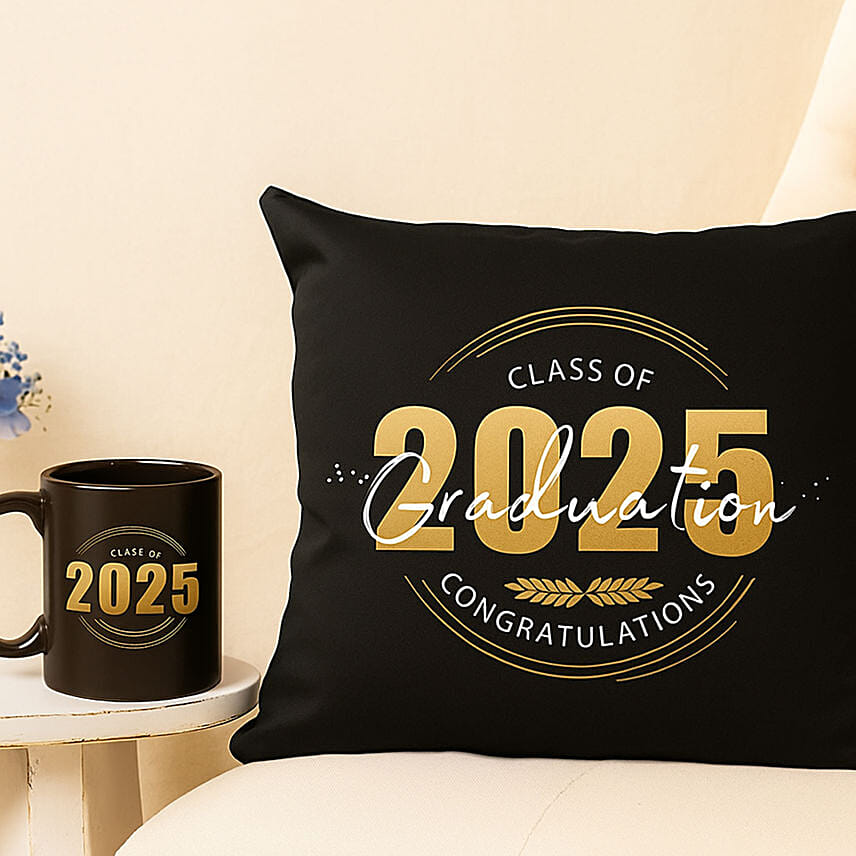 Printed Graduation Cushion & Mug Combo- Black: Personalised Mugs