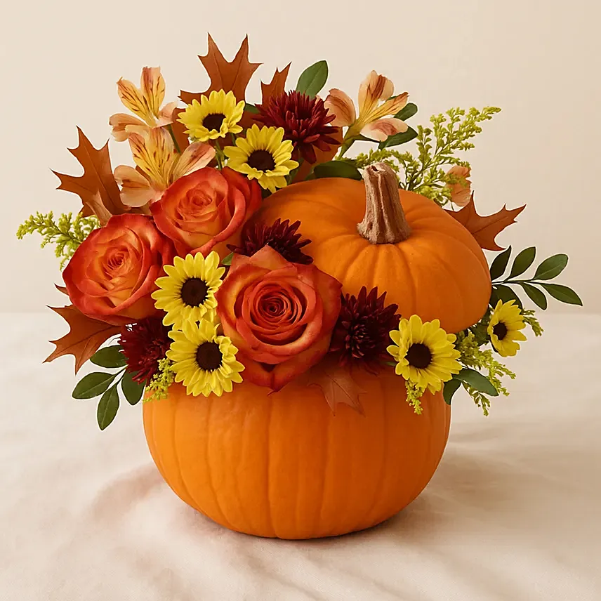 Floral Bliss Arrangment in Pumpkin: Halloween Gifts Singapore