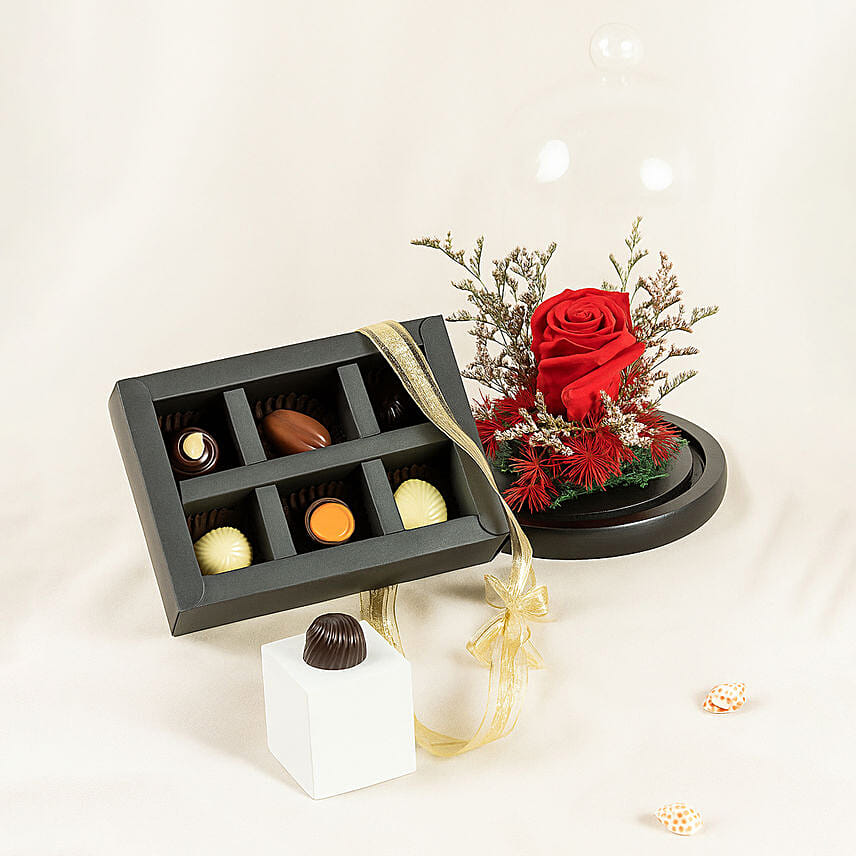 Red Forever Rose and Assorted Chocolate Box: Flowers With Chocolates