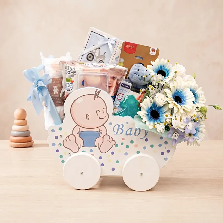 Adorable Baby Boy Carriage & Floral Gift Basket