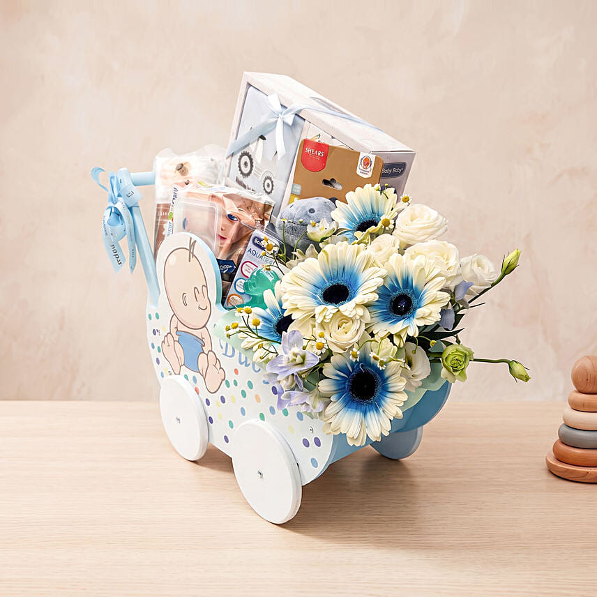 Adorable Baby Boy Carriage & Floral Gift Basket