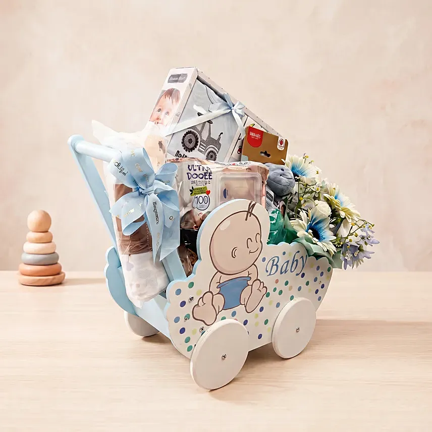 Adorable Baby Boy Carriage & Floral Gift Basket