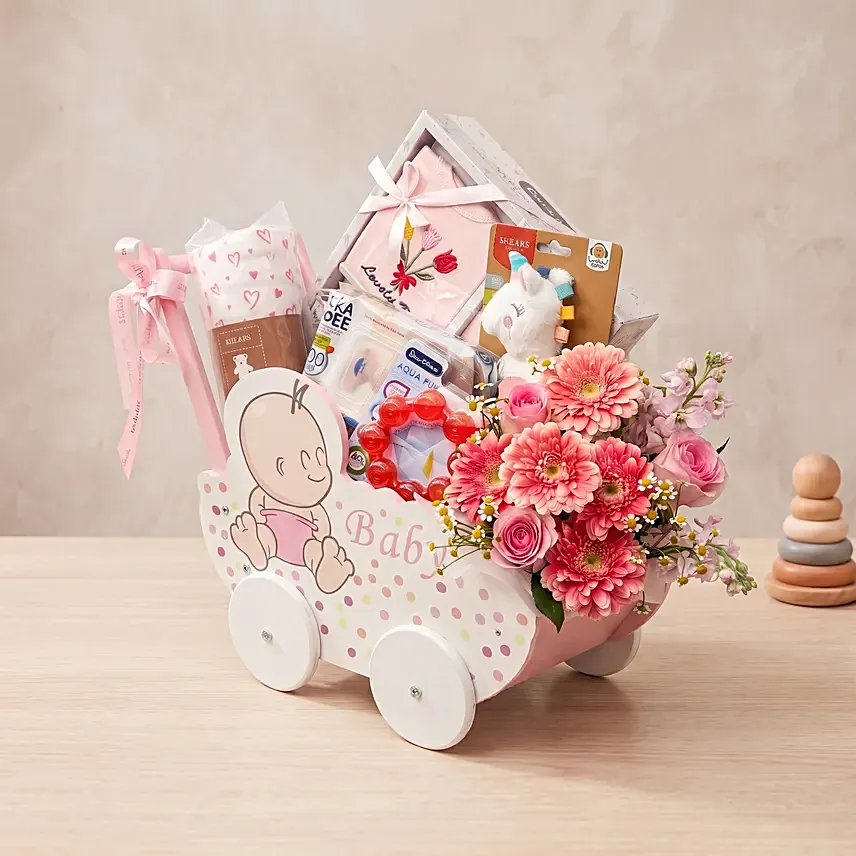 Adorable Baby Girl Carriage & Floral Gift Basket