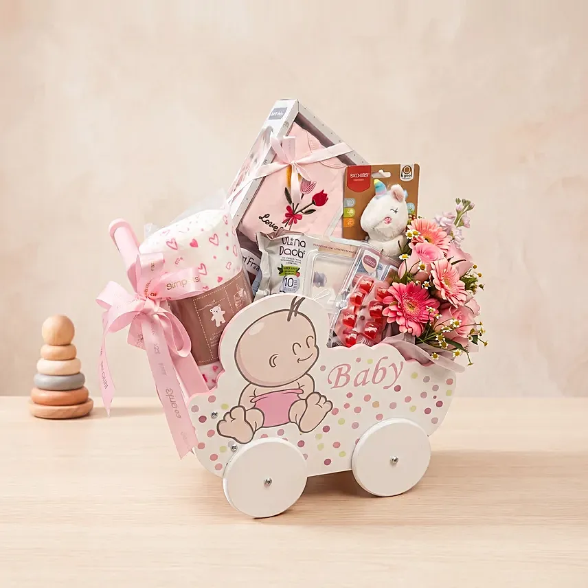 Adorable Baby Girl Carriage & Floral Gift Basket