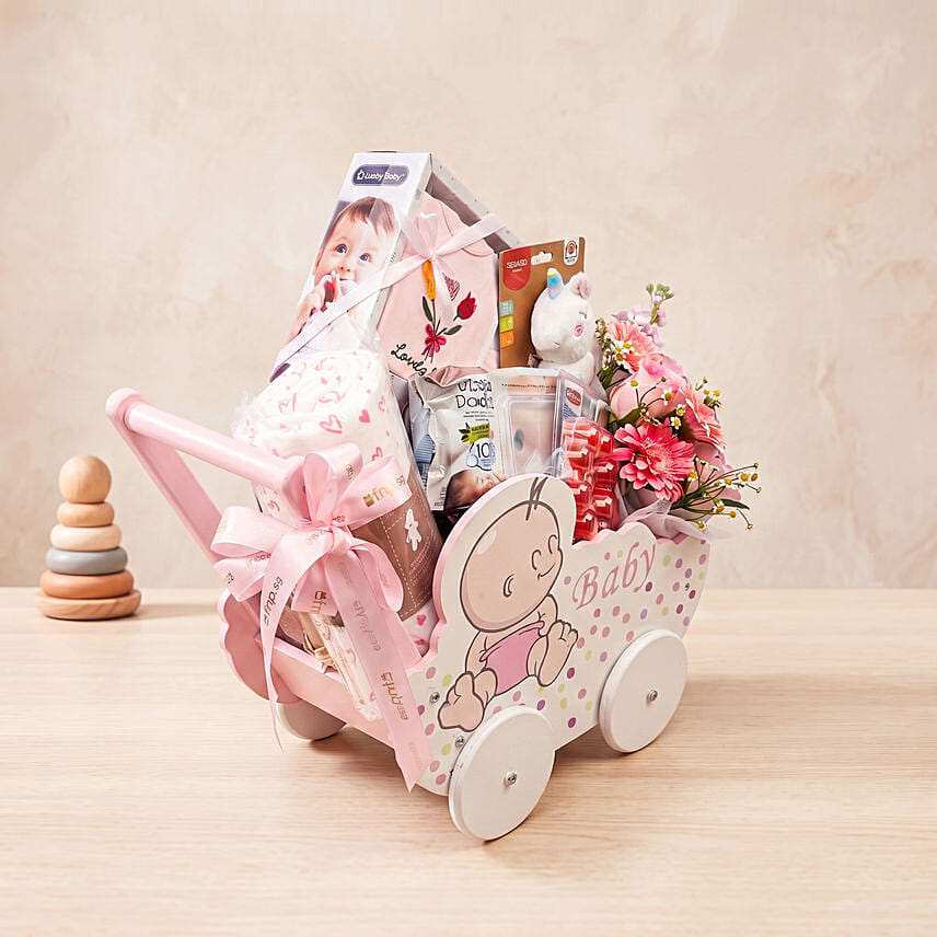 Adorable Baby Girl Carriage & Floral Gift Basket