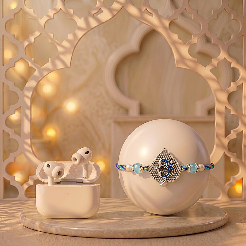 Blue Serenity Om Rakhi with Apple Airpods Pro 3