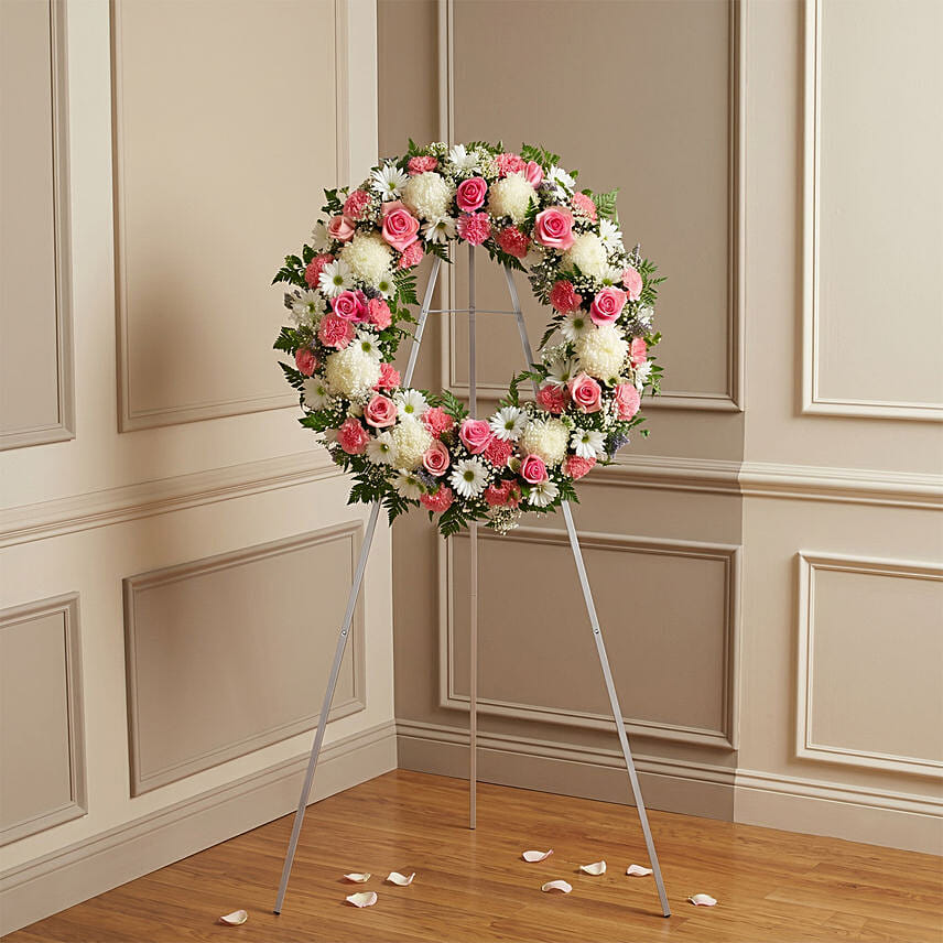 Condolence Wreath - Gentle Grace White and Pink Flowers