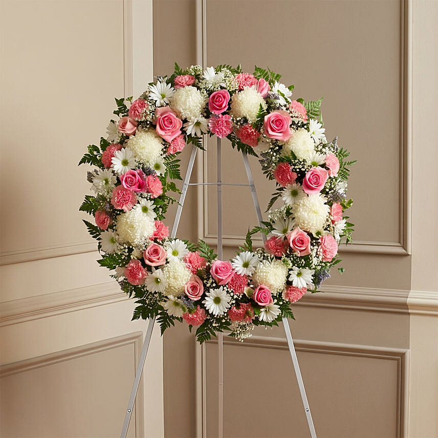 Condolence Wreath - Gentle Grace White and Pink Flowers