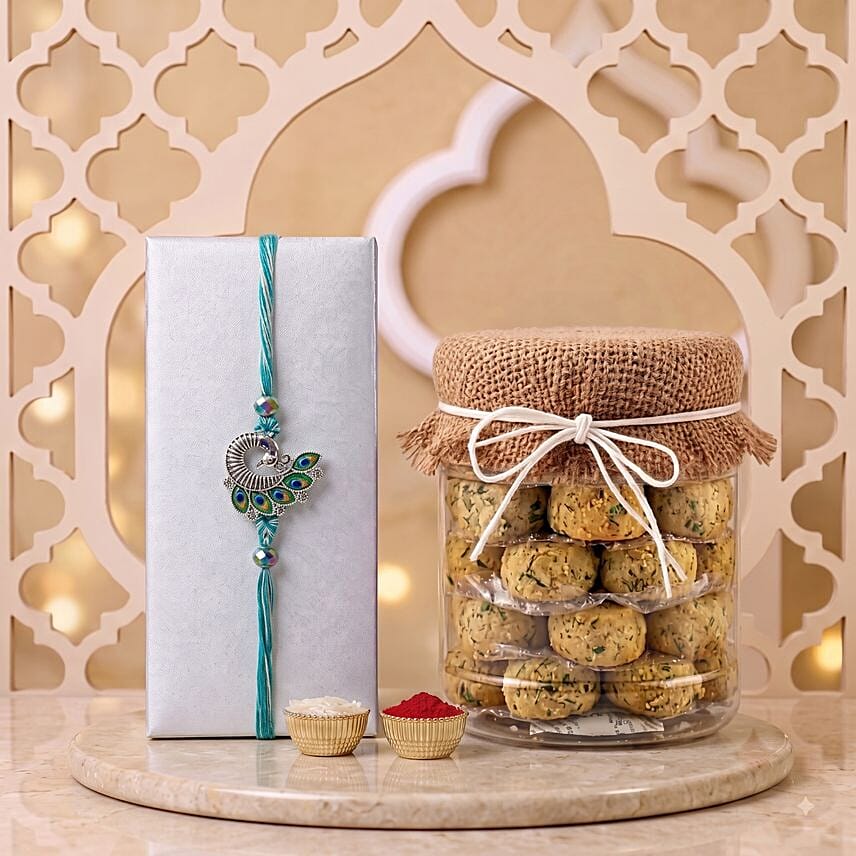 Designer Peacock Rakhi with Green Pea Cookies