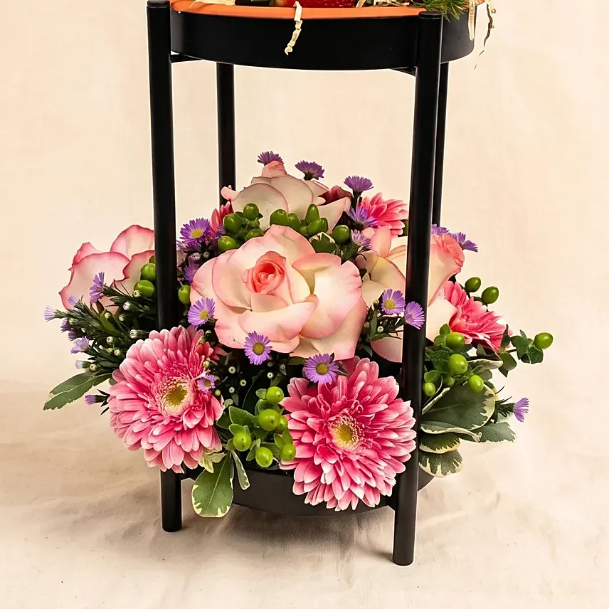 Elegant Two-Tier Flowers & Fresh Fruit Black Stand