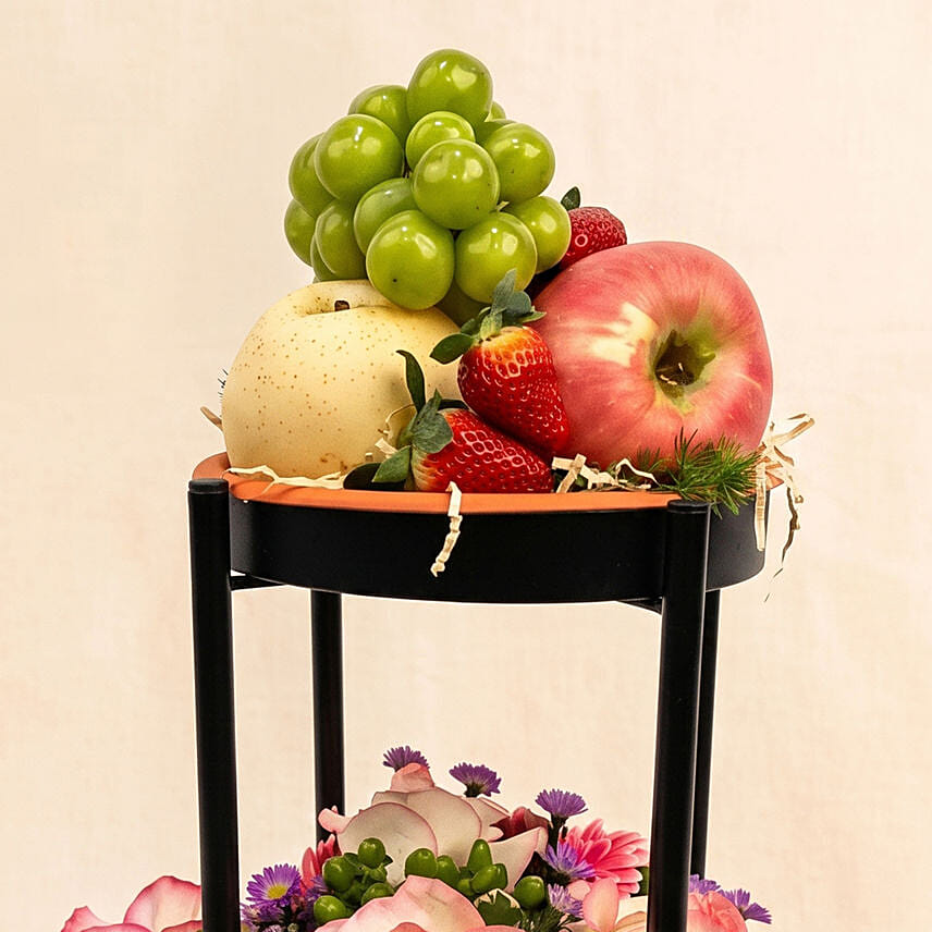 Elegant Two-Tier Flowers & Fresh Fruit Black Stand
