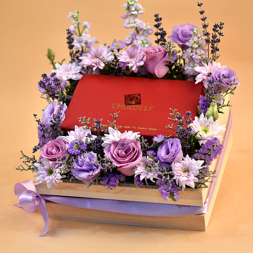 Enchanting Flowers & Chocolates Wooden Crate