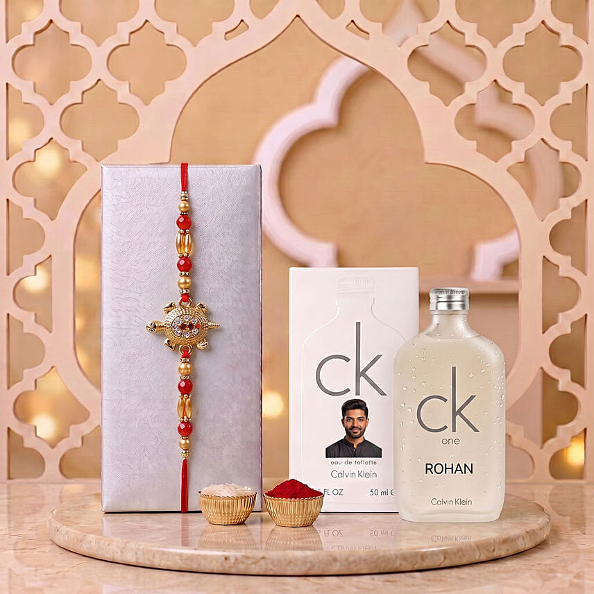 Graceful Pearl Ethnic Rakhi Green with Personalised Ck One Perfume