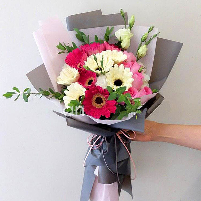 Majestic Mixed Flowers Beautifully Tied Bouquet With Ferrero Rocher