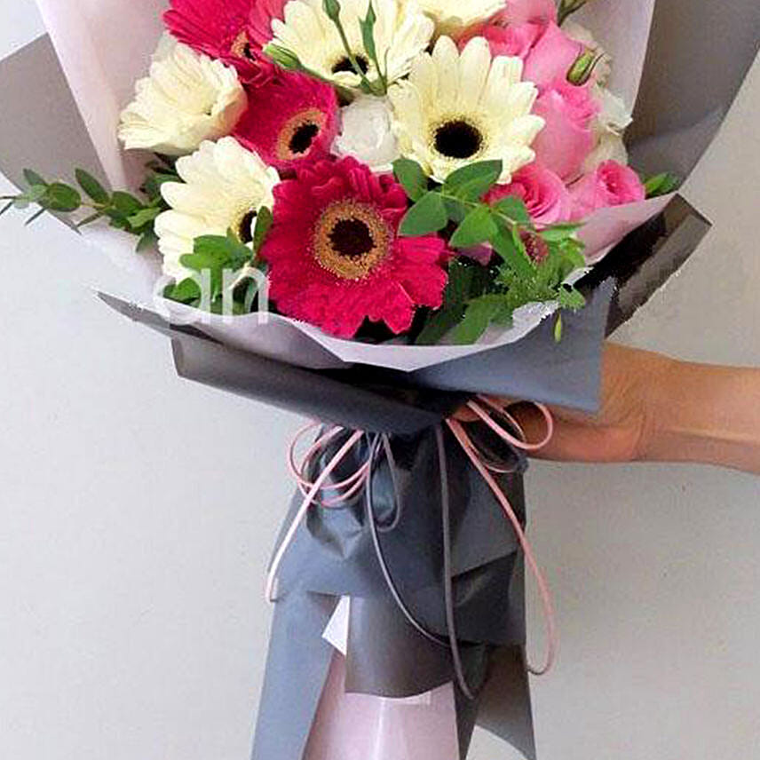 Majestic Mixed Flowers Beautifully Tied Bouquet With Ferrero Rocher
