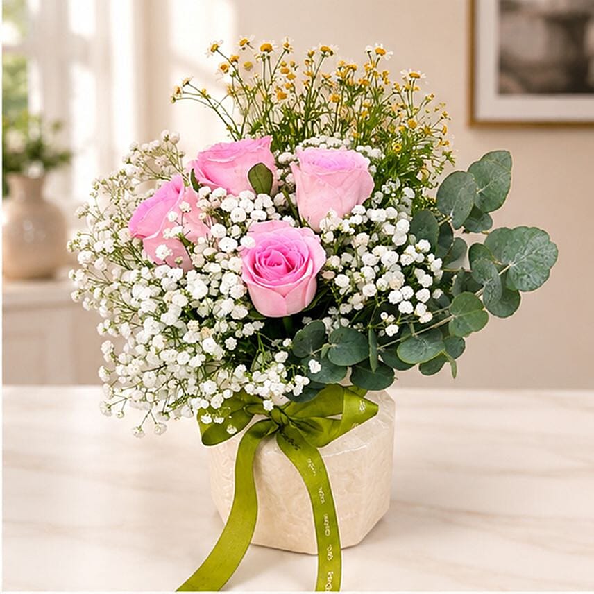 Pink Roses & Baby’s Breath Ceramic Arrangement