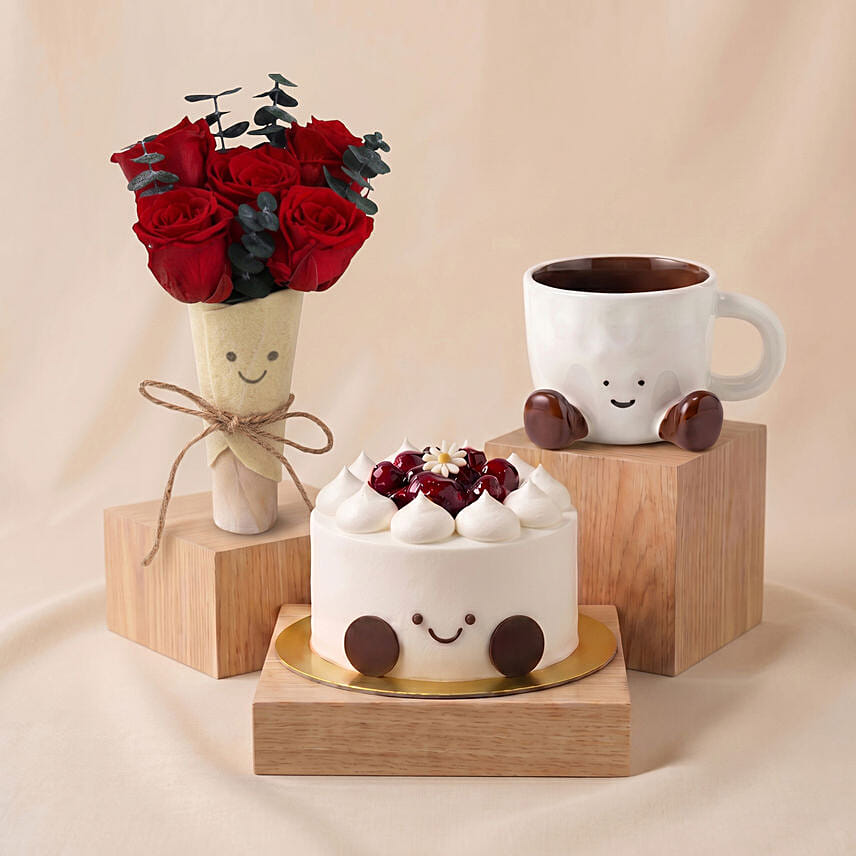 Preserved Rose Jellycat Bouquet, Cake & Mug Gift Set