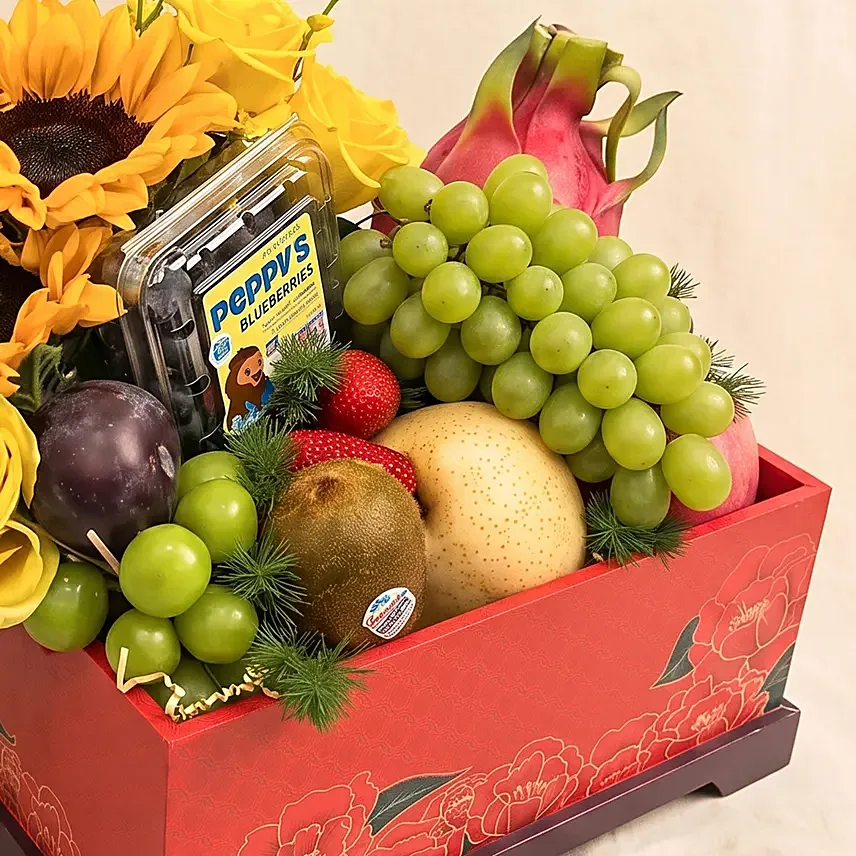 Radiant Sunflower & Fresh Fruits Wooden Basket
