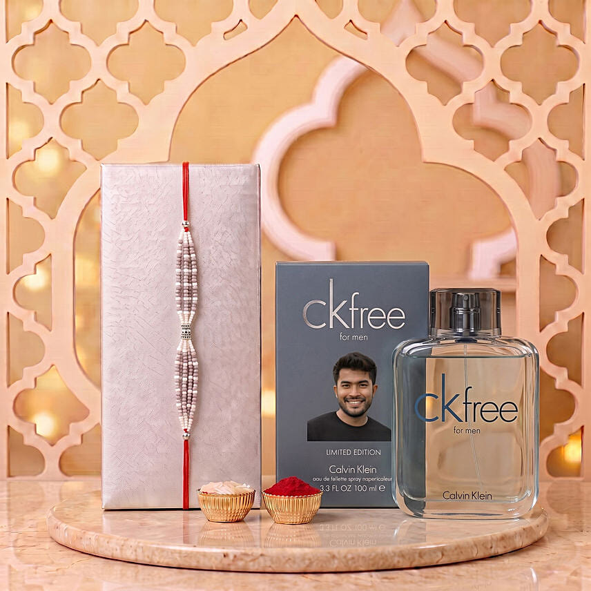 Sneh Exquisite white Pearl Rakhi with Ck Free for Men Perfume
