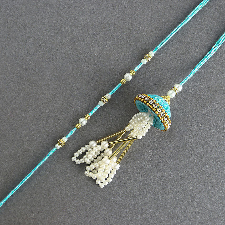 Tranquil Teal Jhumar Bhaiya Bhabhi Pearl Rakhi Set N Nutty Duo