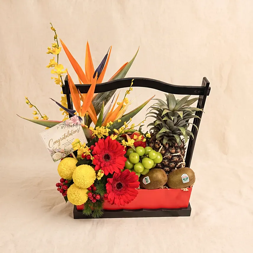 Vibrant Bird of Paradise & Fresh Fruits Congratulatory Box