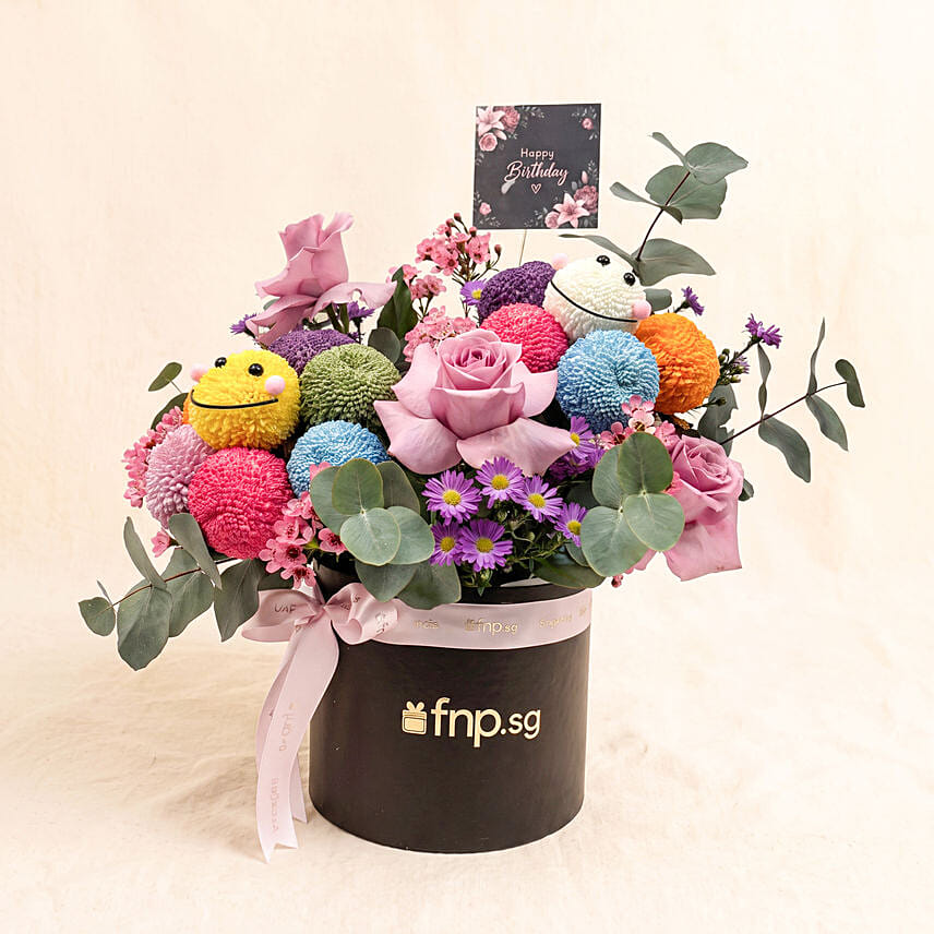 Vibrant Smiley Ping Pong & Purple Rose Birthday Box