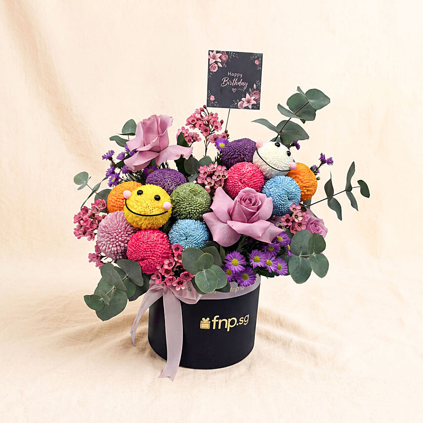 Vibrant Smiley Ping Pong & Purple Rose Birthday Box