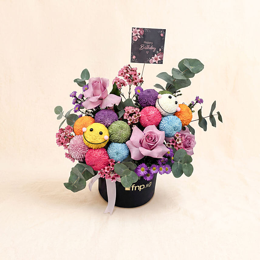 Vibrant Smiley Ping Pong & Purple Rose Birthday Box