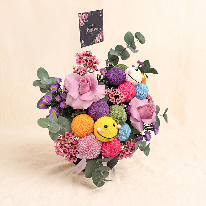 Vibrant Smiley Ping Pong & Purple Rose Birthday Box