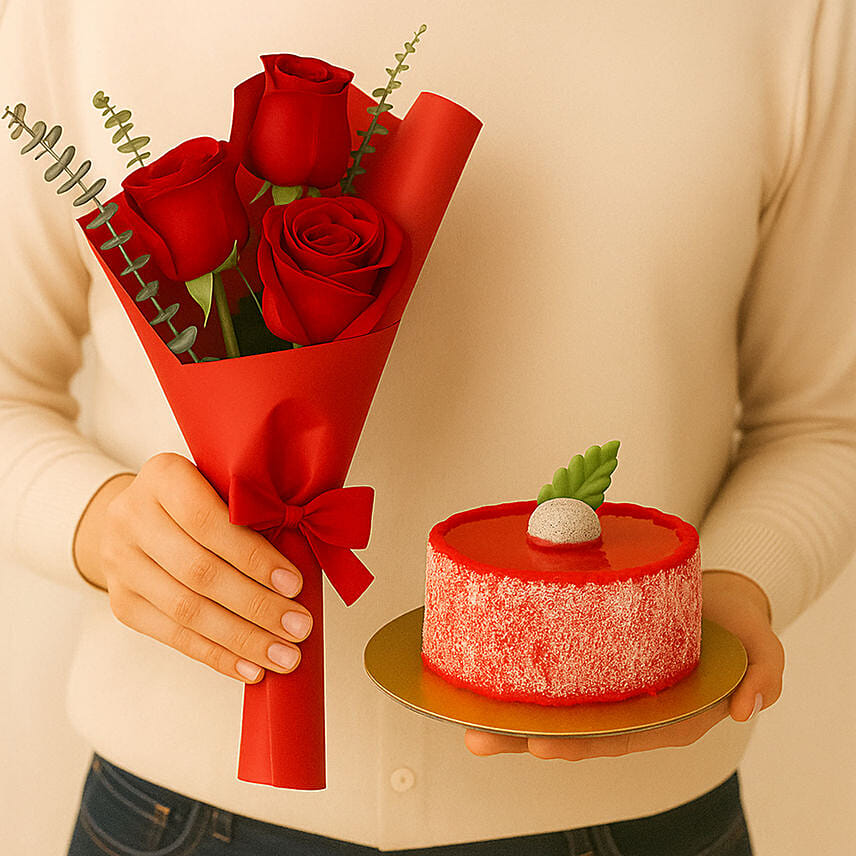 Beautiful Red Rose Bouquet With Mini Mousse Cake Beautiful Red Rose Bouquet With Mini Mousse Cake: Christmas Cakes