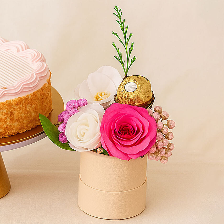 Pink Roses Box With Butter Sponge Cake Delivery in Singapore - FNP SG