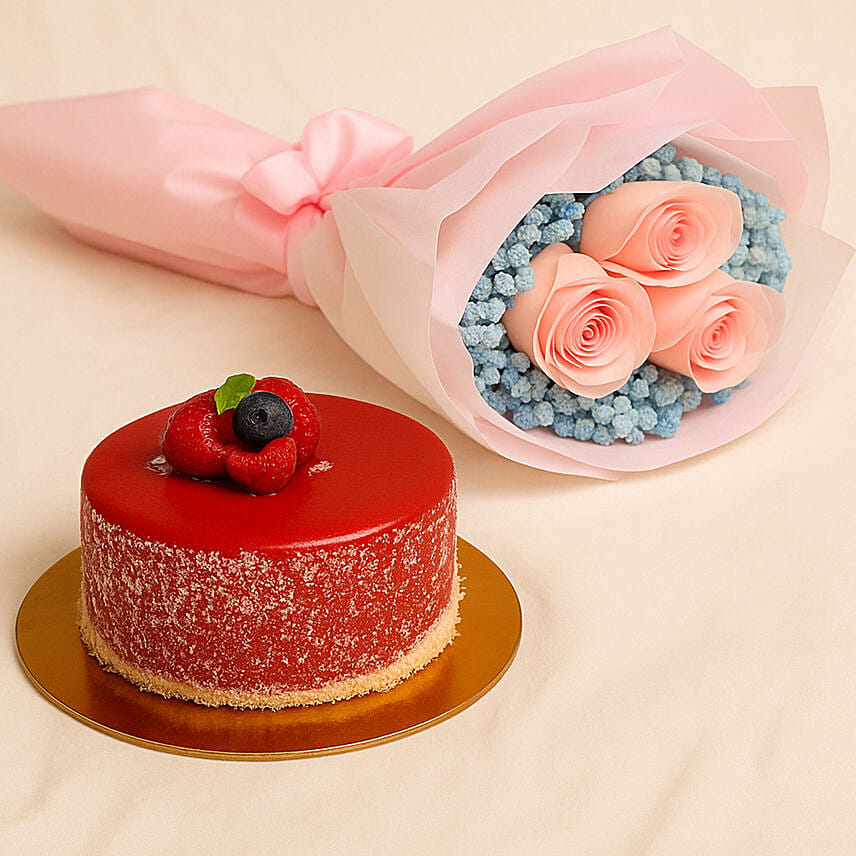 Lovely Pink Rose Baby Breath Bouquet With Mini Mousse Cake: For Anniversary