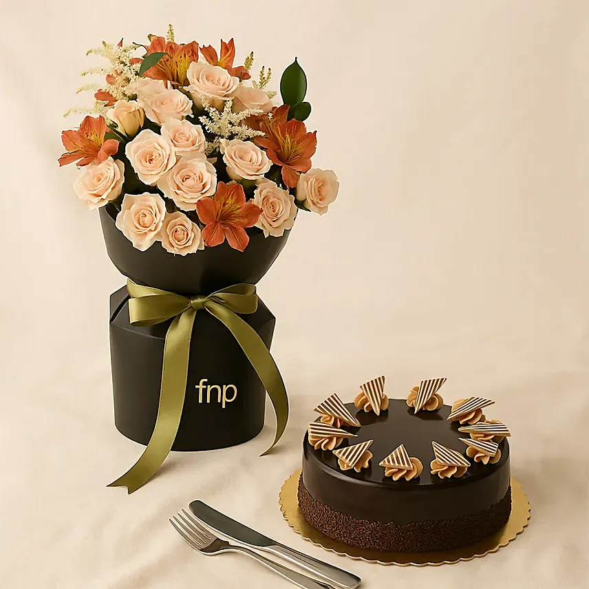 Elegant Peach & Orange Floral Bouquet with Fudge Cake Elegant Peach & Orange Floral Bouquet with Fudge Cake: For Anniversary