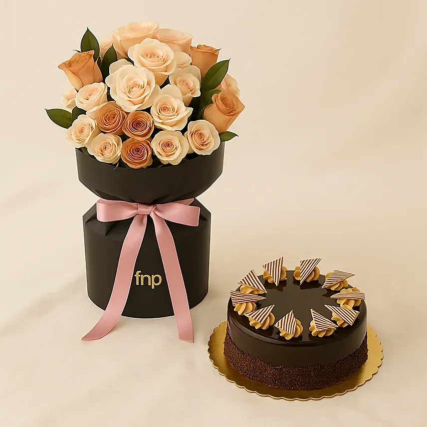 Premium Rose Bouquet with Decadent Cake Premium Rose Bouquet with Decadent Cake: Flower Boxes Singapore