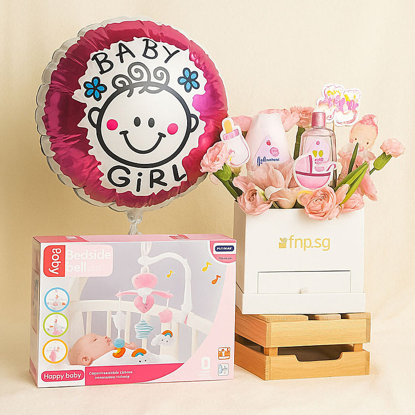 Pink Box Baby Girl Gift Set with Flowers, Balloon & Baby Care Kit: Flowers And Balloon Delivery