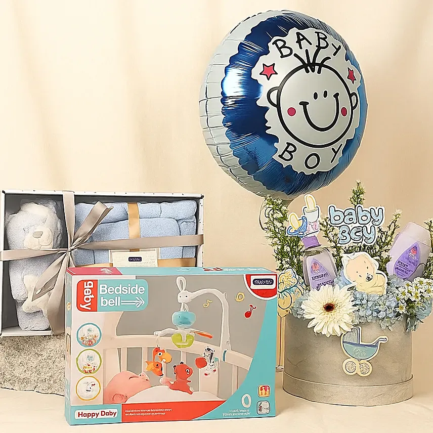 Its a Baby Boy Flowers Arrangement giftset with Balloon: Balloon Flower Bouquet
