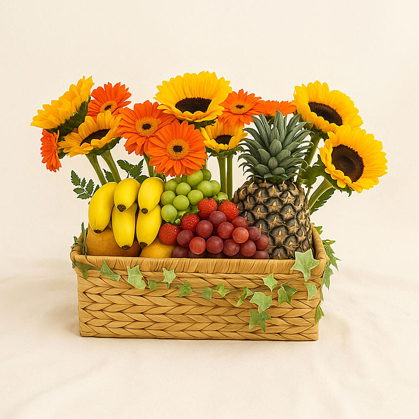 Sunflowers, Gerberas & Exotic Fruits Celebration Basket Sunflowers, Gerberas & Exotic Fruits Celebration Basket: Birthday Hampers