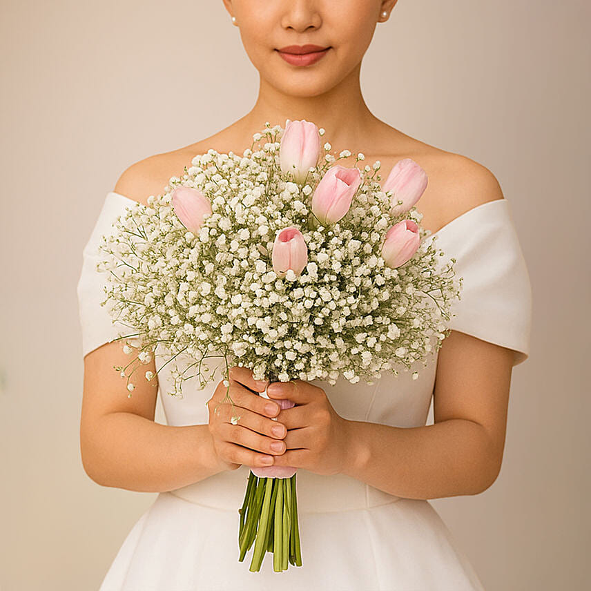 Pink Tulip & Baby’s Breath Bridal Bouquet Pink Tulip & Baby’s Breath Bridal Bouquet: Wedding Bouquets