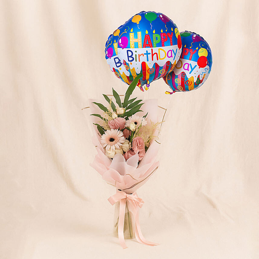 Dignified Mixed Flowers Bouquet with Birthday Balloon Set: Flowers And Balloon Delivery