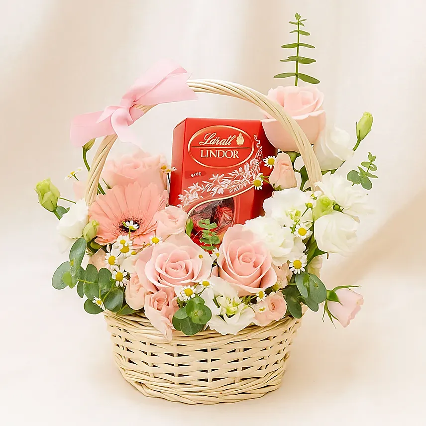 Elegant Flower Basket with Lindt Lindor Chocolates: Love Gifts for Couples