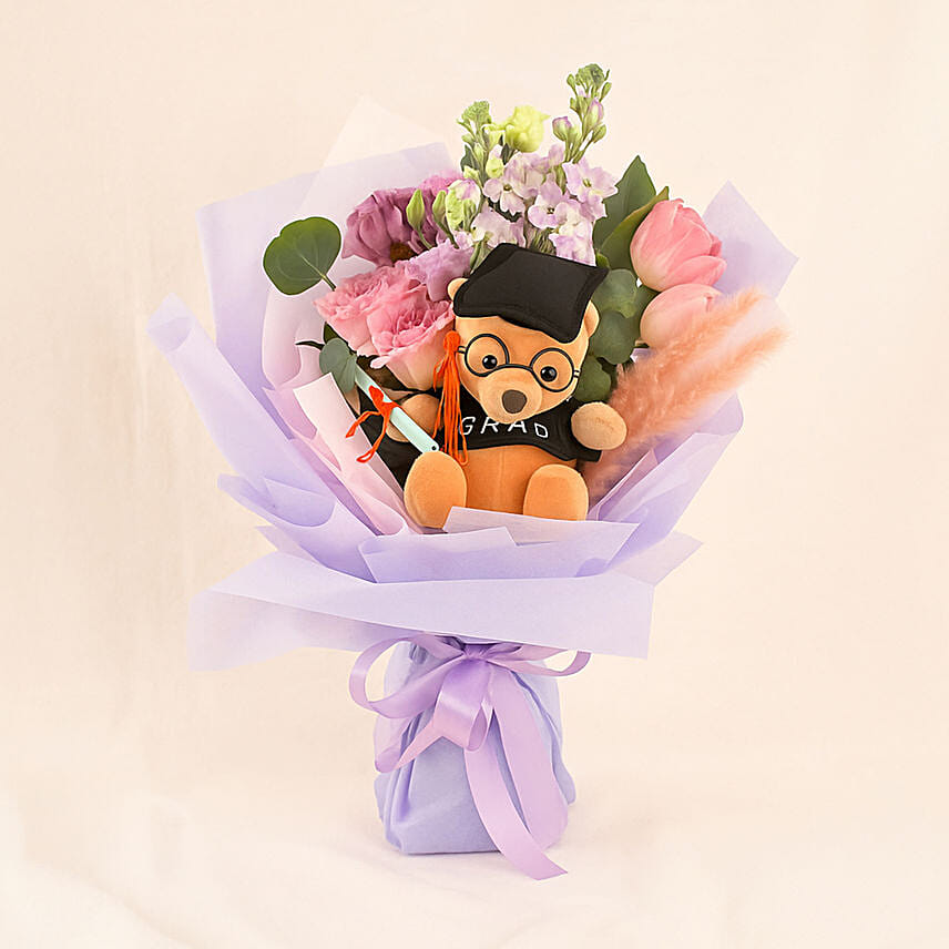 Graduation Gift – Teddy Bear with Fresh Flowers Bouquet: Graduation Flowers