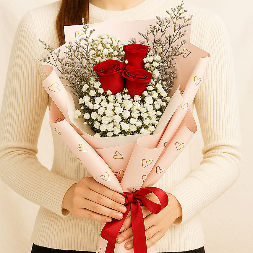 3 Red Roses Hand Bouquet: One Hour Flower Delivery