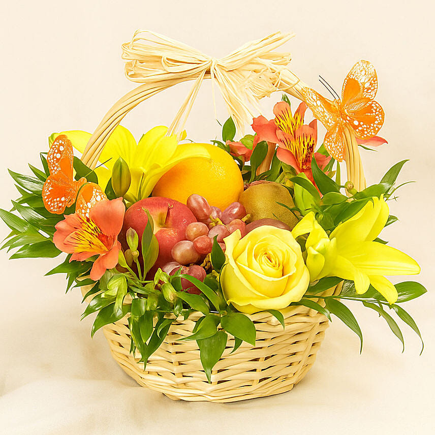 Basket Arrangement Of Fresh Flowers & Fruits: Flowers For Her
