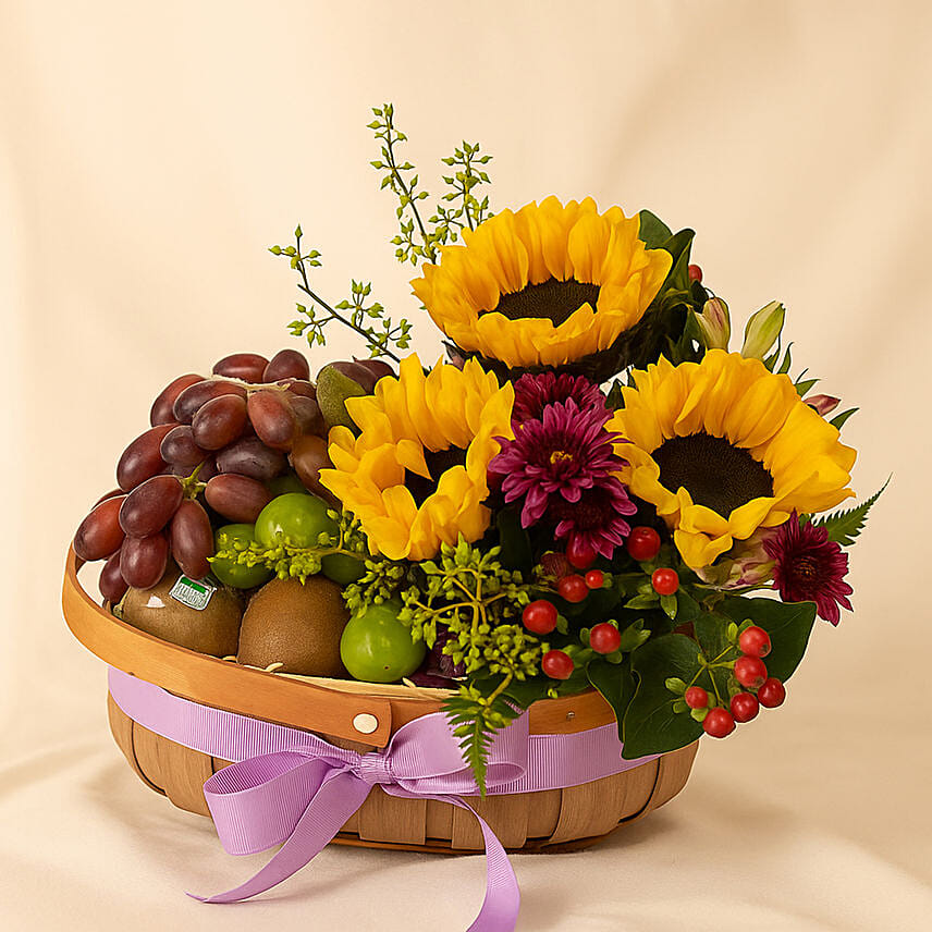 Mixed Flowers and Fruits Basket: Birthday Basket Arrangement