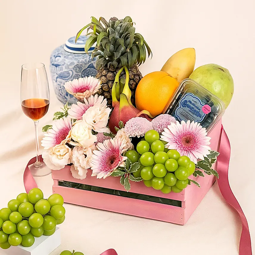 Gourmet Fruit Basket Tray with Pink Gerbera: Fruit Baskets