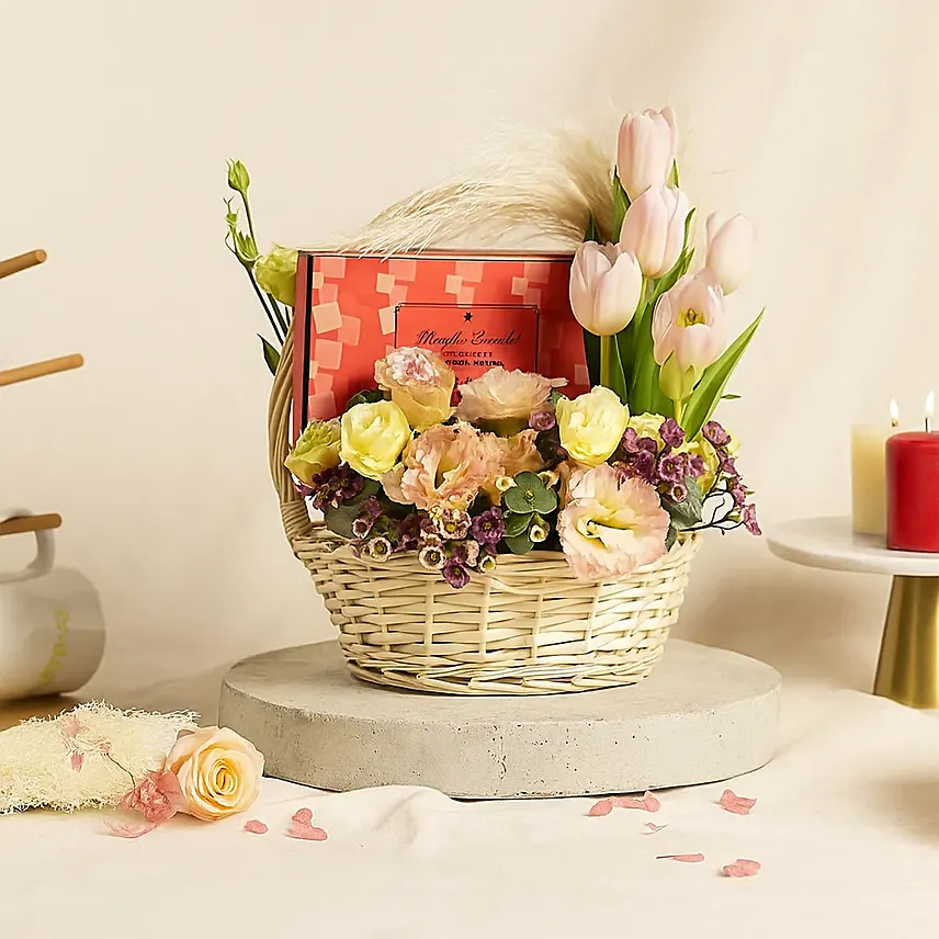 Royce Berry Cubes Chocolate and Flowers Basket: Flowers and Chocolates