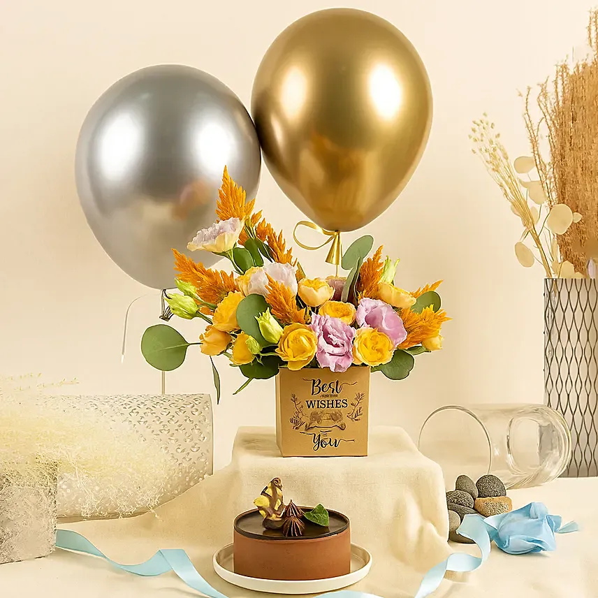 Best Wishes Flowers with Mono Cake & Balloons: Yishun Cakes