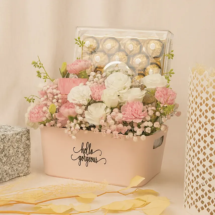 Flowers and Fererro Rocher Chocolate Basket: 