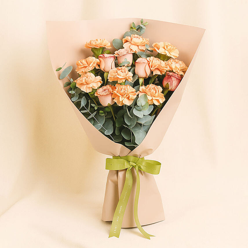 Carnation and Cappucino Rose Bouquet: Orange Bouquets
